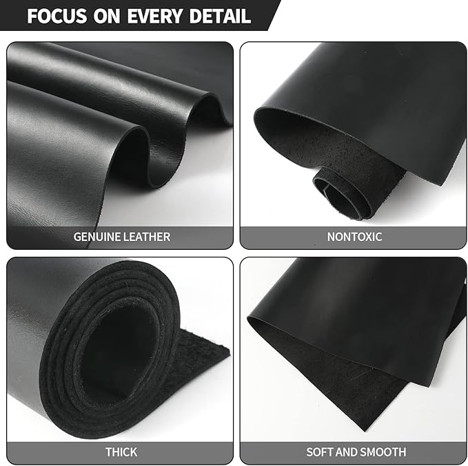RingSun 24''X24'' Black Leather Sheets for Crafts (2mm), Full Grain Leather Tooling Leather