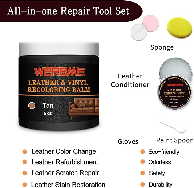 Leather Recoloring Balm & Mink Oil Leather Conditioner, Tan | Restores faded leather, waterproof, scratch repair for couches, car seats, shoes & bags, Complete kit with mink oil & tools