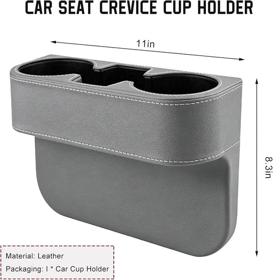 Car Cup Holder Gap Filler Organizer, Multifunctional Car Console Side Organizer with 2 Cup Holders, Leather Seat Gap Filler Portable Drink Holders Storage Box for Most Vehicles (Gray)
