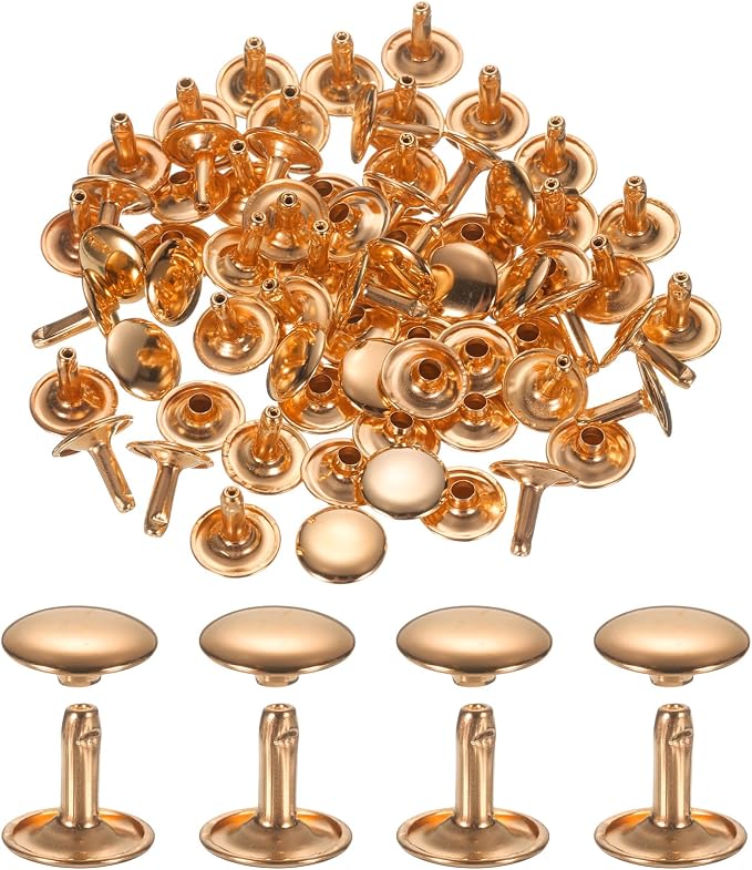 uxcell 120Set Leather Rivets, 12mm Double Cap Rivet Tubular Metal Studs Repairs Decoration Craft Accessories for Repair Decorate Leather Craft Belt Bag Shoes Purse Belts, Light Gold