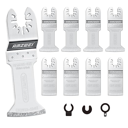 AMZWEI 8PCS Diamond Oscillating Tool Blades, Curved Edge Long Multi Tool Blades for Grout Removal, Cleaning Mortar, Fit Dewalt Milwaukee Rockwell Ridgid Ryobi Chicago Craftsman.(Thickness: 1/13 Inch)