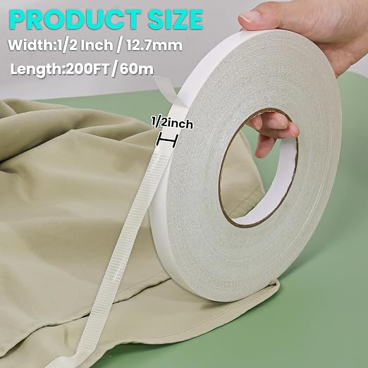 Birllaid White No Sew Hemming Tape Double Sided,Sticky Strong Adhesive Cloth Leather Tape Press-on Tape, No Ironing, Gluing, Alterations and Hemming,Easy to Remove 1/2 Inch x 200 Feet