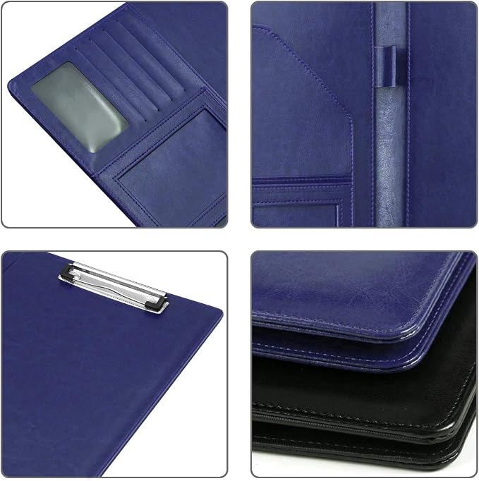 Padfolio Clipboard Folder Portfolio, Faux Leather Storage Clipboard with Cover for Letter Size A4 Writing Pad Pen Holderfor Business Office Conference Notepad Clip Boards, Blue