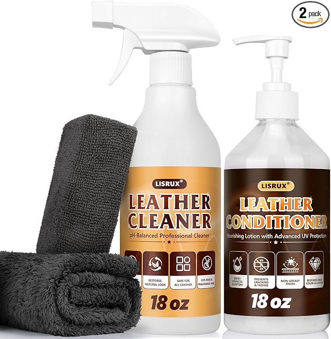 LISRUX Leather Cleaner and Conditioner Kit-2×18oz, Leather Cleaner for Car Seats, Furniture, Couches, Shoes & Boots, pH-Balanced, Restores & Protects All Leather For Natural, Synthetic, Faux, Pleather