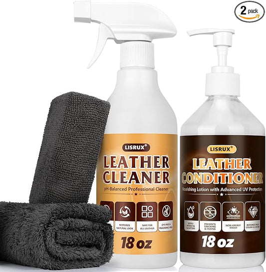 LISRUX Leather Cleaner and Conditioner Kit-2×18oz, Leather Cleaner for Car Seats, Furniture, Couches, Shoes & Boots, pH-Balanced, Restores & Protects All Leather For Natural, Synthetic, Faux, Pleather