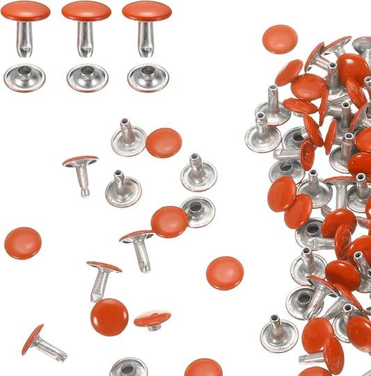 HARFINGTON 100 Sets Double Cap Leather Rivets, 10x10mm Round Cap Tubular Metal Studs Leather Crafting Rivets for Fabric Belt Pet Collar Boot Bag Repair and Decoration, Orange