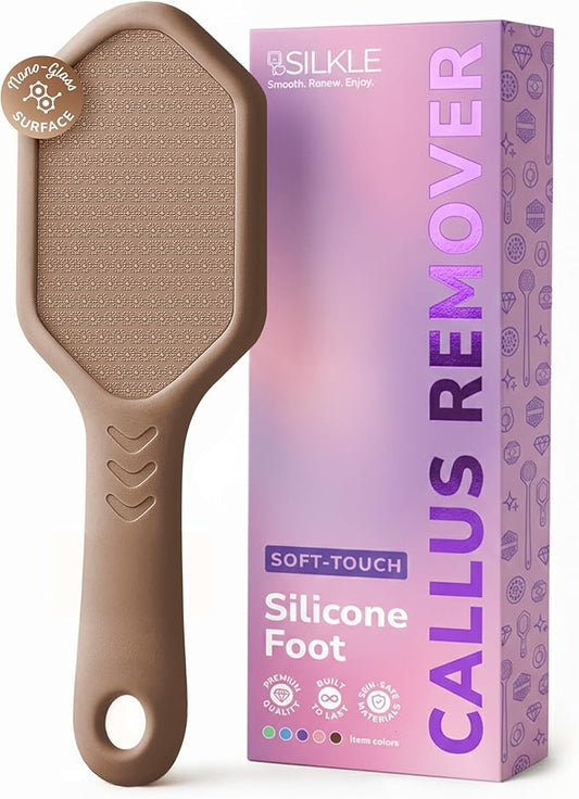 SILKLE Nano Glass Foot File - Silicone Foot Callus Remover for Feet and Cracked Heels - Heel Scraper for Dead Skin - Ergonomic Foot Scrubber & Exfoliator for Shower with Non-Slip Grip - Brown