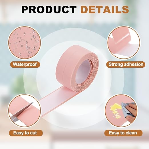 uxcell Caulk Tape Waterproof, 0.83 Inch x 4.92 ft Self-Adhesive Sealant Sealing Strip Caulking Sealant Tape PVC with Tool for Kitchen Sink Toilet Bathroom Bathtub Floor, Pink