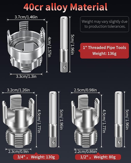 3PCS PVC Pipe Threader Kit for Drill,Internal & External Threads | Fits 1/2", 3/4" and 1" PVC pipes; drill-compatible tools create clean internal and external threads for plumbing repairs.