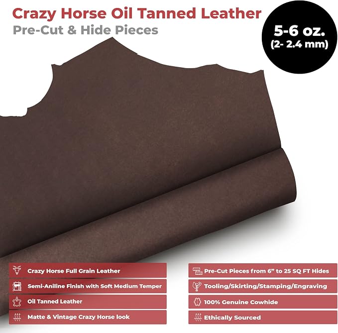 ELW Crazy Horse Leather 5-6 OZ (2-2.4mm) | Mahogany - Antique Brown | Pre-Cut 12"x12" | Full Grain Cowhide Handmade Leather for DIY, Crafts, Sheaths, Sewing, Workshop