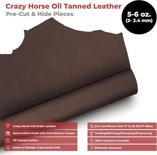 ELW Crazy Horse Leather 5-6 OZ (2-2.4mm) | Dark Brown | Pre-Cut 6"x6" | Full Grain Cowhide Handmade Leather for DIY, Crafts, Sheaths, Sewing, Workshop