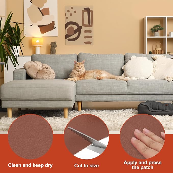 PATIKIL Leather Patches Tape for Furniture, 6.3 x 61 Inch Self Adhesive Vinyl Leather Repair Kit Cover Sheet for Couch, Sofa, Car Seats, Office Chair, Caramel Brown