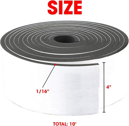 Neoprene Foam Strip Roll By Dualplex, 4" Wide x10' Long 1/16" Thick, Weather Seal High Density Stripping with Adhesive Backing – Weather Strip Roll Insulation Foam Strips