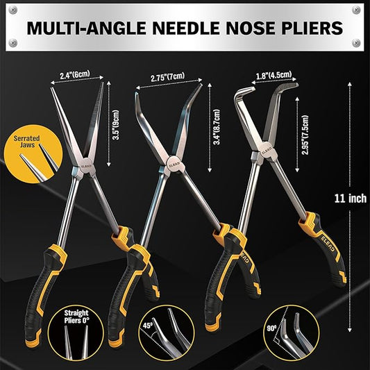 3-Piece 11 Inch Long Reach Pliers Set with 3 Magnetic Plier Racks, Extra Long Needle Nose Pliers Set Includes Straight, 45° & 90° Bent Nose Plier, Pliers Tool Set for Tight Spaces