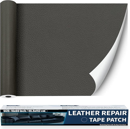Zenyao Leather Repair Patch Tape - Self Adhesive Leather Repair Kit for Car Seat Furniture, Heavy Duty Vinyl Repair Patch for Couch Sofa, Waterproof Fix for Tears, 16x30 Inch Roll, Dark Grey