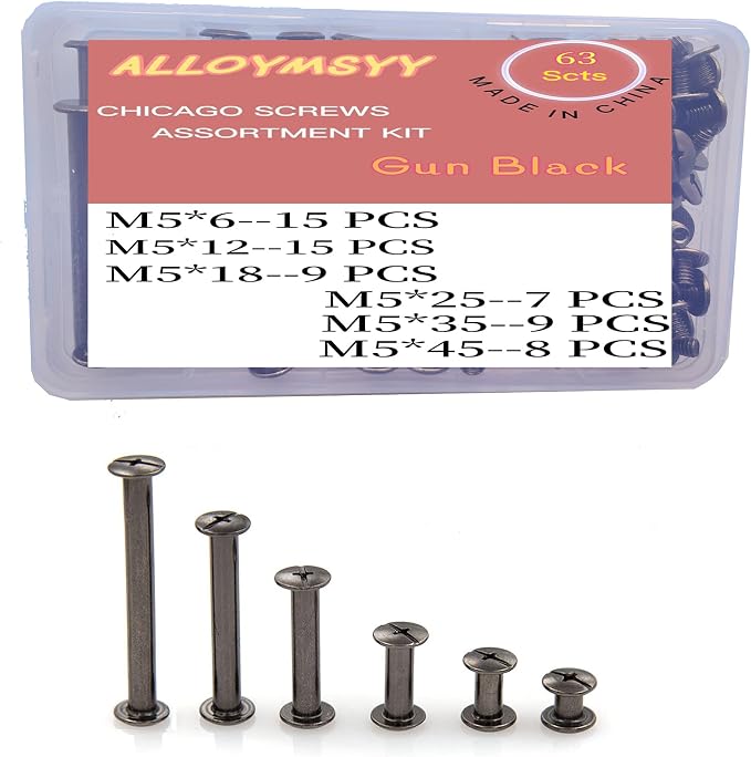 126 PCS Black Leather Rivets Set Screws Rivets M5 Chicago Binding Screws Adjust and Repair Leather Craft Belts, Bags, Shoes, Purse Bindings (M5 * 6.12.18.25.35.45).