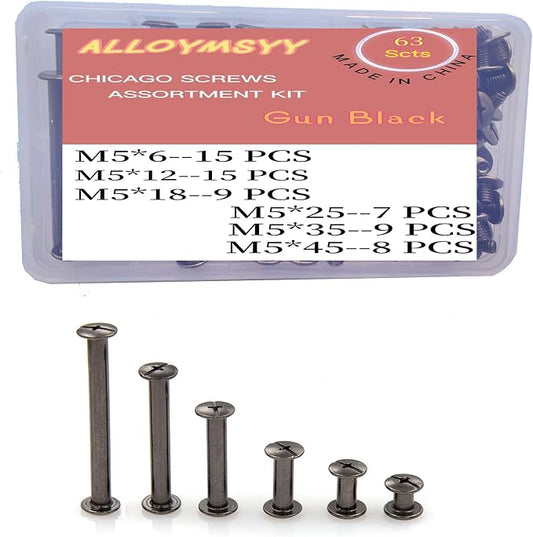 126 PCS Black Leather Rivets Set Screws Rivets M5 Chicago Binding Screws Adjust and Repair Leather Craft Belts, Bags, Shoes, Purse Bindings (M5 * 6.12.18.25.35.45).