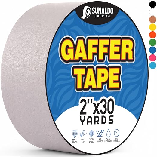 Gaffers Tape Heavy Duty, Easy to Rip, Residue-Free Professional Grade Floor Tape for Electrical Cords, Matte Finish Non Reflective, Weather Resistant (1, Grey, 2" x 30 Yards)