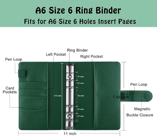 Antner A6 Notebook Binder 6 Ring Refillable Budget Planner Cover for A6 Refill Paper, PU Leather Loose Leaf Personal Planner Wallet Money Organizer Binder with Magnetic Buckle Closure, Dark Green
