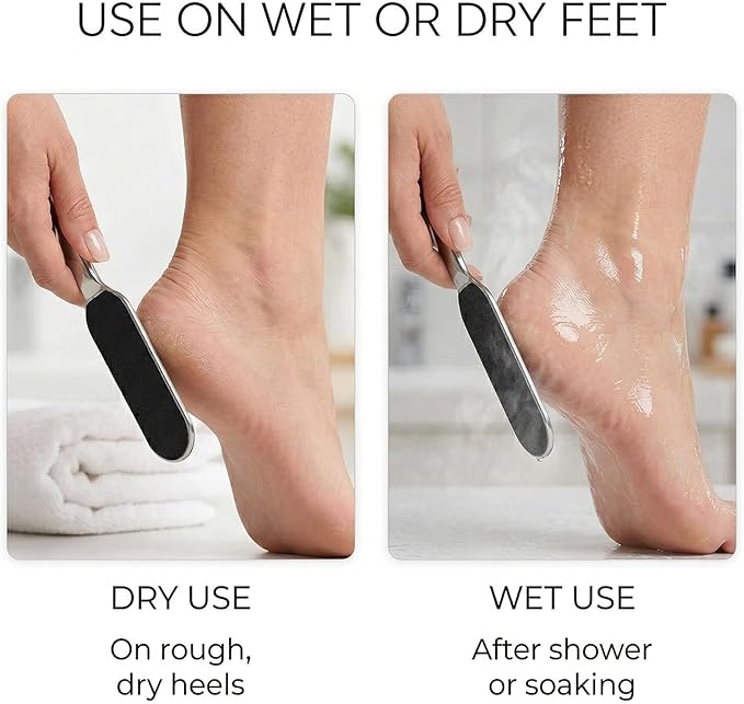 Stainless Foot File Callus Remover for Cracked Heels & Dead Skin — Pedicure Rasp with 10 Replacement Pads & 2 Exfoliating Foot Masks, Sandal Season Foot Care Kit (3in1 Set)