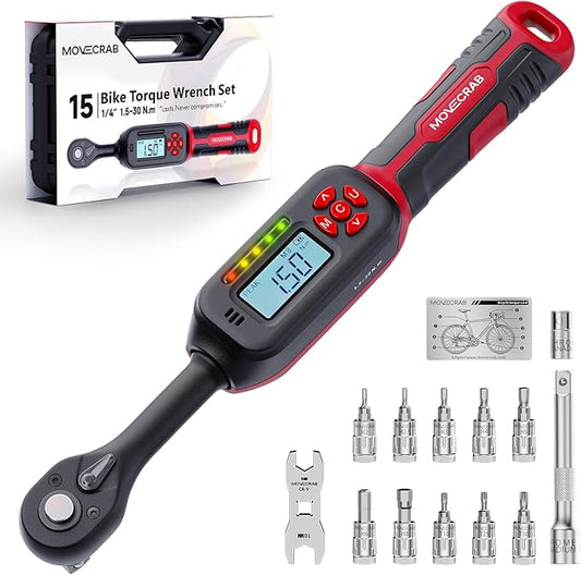 Bike Digital Torque Wrench 1/4" Drive 15-Piece Kit | 1.5-30 N.m / 1-22 Ft.lb Torque Range for MTB & Cycling Maintenance