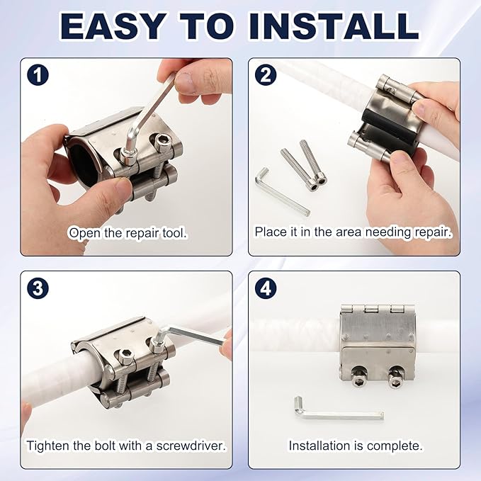 HARFINGTON Pipe Repair Clamp 2-1/4" OD 56mm-59mm 304 Stainless Steel Leak Sealer Emergency Pipe Repair for Plastic Metal Tubing Water Gas Oil Lines, Silver