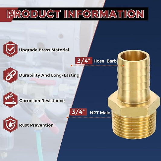 Pack of 3 Brass Hose Barb Fittings 3/4" Hose Barb to 3/4" NPT Male Fittings with 3pcs Stainless Steel Hose Clamps for Home Machines, Massage Bathtubs, and Irrigation Systems