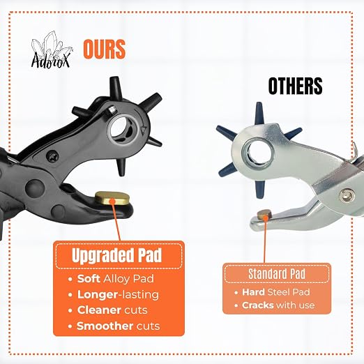 Adorox Heavy Duty Quality & Professional Design Revolving Hole Punch Pliers Kit – with Steel Ruler & File, Puncher with 6 Hole Sizes for Belts, Watch Straps, Saddles, Shoes & DIY Crafts
