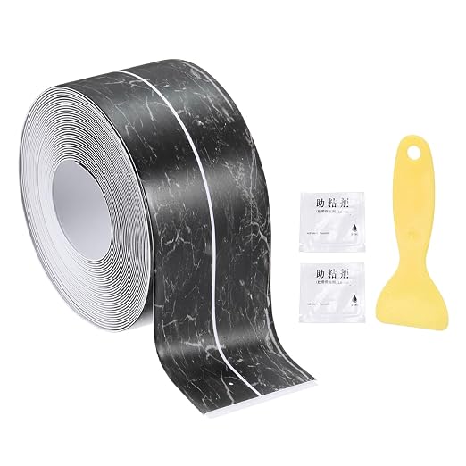 uxcell Caulk Tape Waterproof, 1.42 Inch x 16.4 ft Self-Adhesive Sealant Sealing Strip Caulking Sealant Tape PVC with Tool for Kitchen Sink Toilet Bathroom Bathtub Floor, Black Marble
