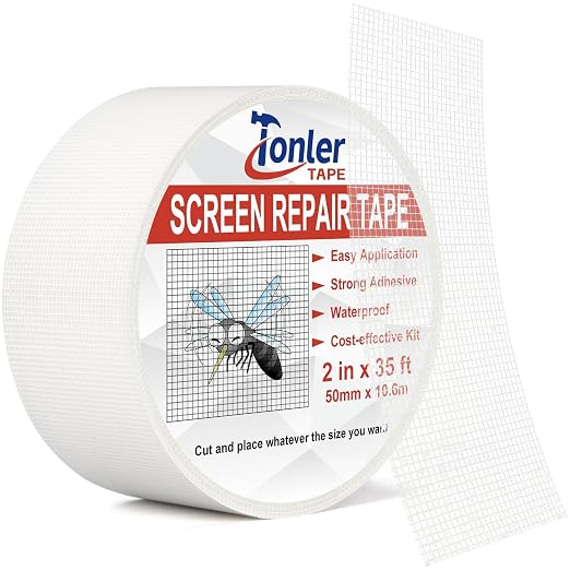 White Window Screen Repair Tape 2" x 35 FT Fiberglass Adhesive | Strong adhesive fiberglass screen repair tape; fixes holes & tears cut&stick indoor/outdoor window door use