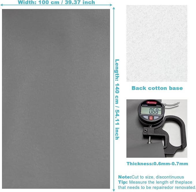 Gray Smooth Faux Leather Fabric 39"x54" - Solid Color Vinyl for Upholstery Restoration, Handbag Making, Sewing & DIY Home Decor