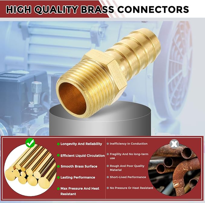 Pack of 6 Brass Hose Barb Fittings Adapter Connector 1/2" Hose Barb to 3/8" NPT Male Fittings for Home Machines, Massage Bathtubs, and Irrigation Systems
