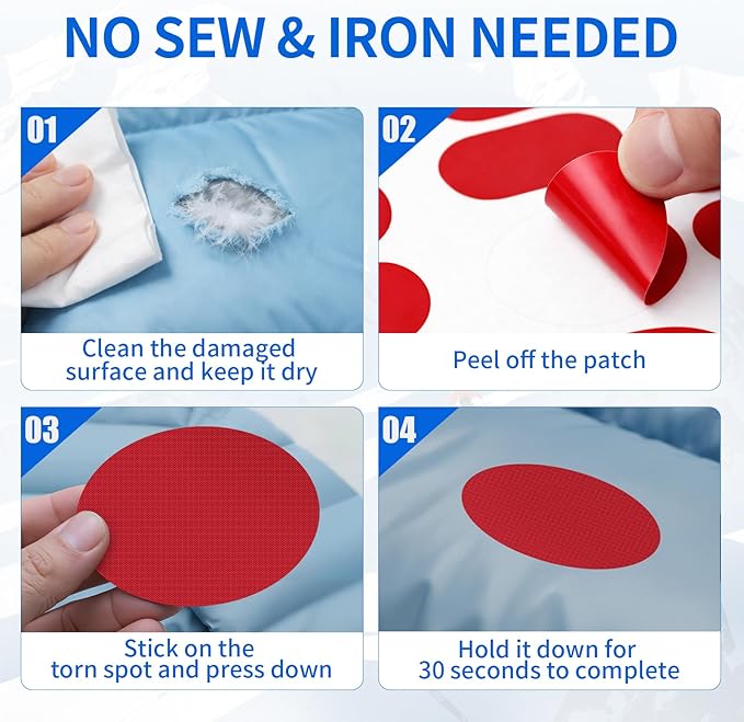 Waterproof Self-Adhesive Nylon Fabric Repair Tape - Tent Repair Kit,4pcs Fabric Patches for Jacket, Clothes, Puffer Down Jacket,Sleeping Bag, Outdoor Gear Tenacious Repairs Tape, Red