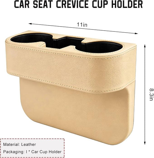 Car Cup Holder Gap Filler Organizer, Multifunctional Car Console Side Organizer with 2 Cup Holders, Leather Seat Gap Filler Portable Drink Holders Storage Box for Most Vehicles (Beige)