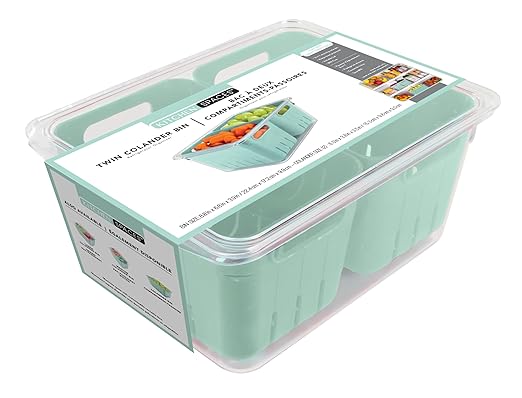 Kitchen Spaces Twin Colander Stackable Food Storage Organizer for Fridge, Freezer, and Pantry, 8.8" x 6.8" x 3.9", Mint