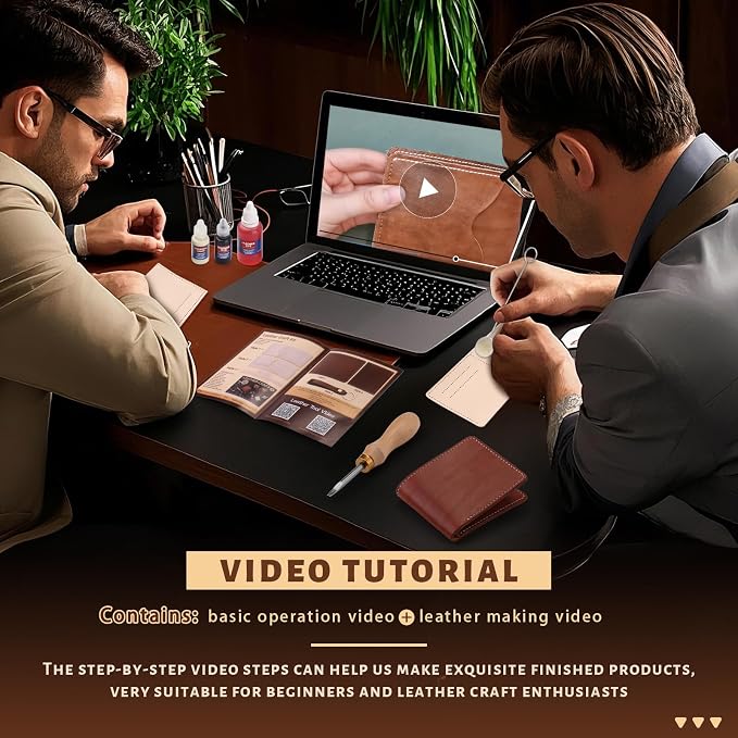 CBHGFEA 51-Piece Leather Working Kit: CBHGFEA Craft Tools Set with Edge Beveler Vegetable Tanned Leather Compass Wax Thread Video Tutorials for Wallets Card Holders and Keychains Crafts for Adults