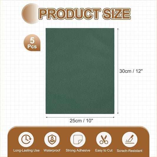 MECCANIXITY 5 Pcs Leather Repair Patch 10"x12" Self-Adhesive Leather Vinyl Repair Tape Kit for Furniture Couches Sofa Chair Car Boat Seats Jackets, Dark Green