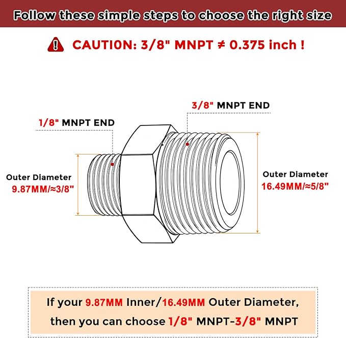 Pack of 2, 3/8" MNPT to 1/8" MNPT Solid Brass Hex Nipple Hose Connectors W/Sealing Tape, Male Pipe Adapter for Pipe Leak Repair, Bathroom Remodeling, Tool Extensions, Compression