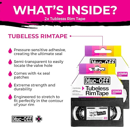 Muc-Off Tubeless Rim Tape 25mm (Pack of 2) - 10m Roll with 4X Seal Patches | Pressure-Sensitive Adhesive for Tubeless Bike Tyre Setups | Fits Road, CX, Gravel, MTB & Plus Rims