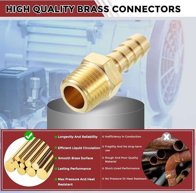Pack of 3 Brass Hose Barb Fittings Adapter Connector 5/16" Hose Barb to 1/4" NPT Male Fittings for Home Machines, Massage Bathtubs, and Irrigation Systems