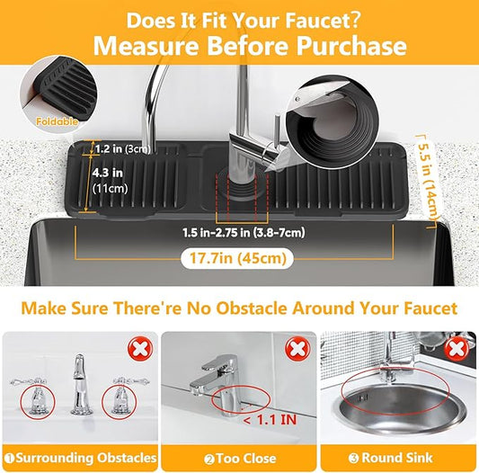 17.7'' Folding Faucet Mat for Kitchen Sink Splash Guard[7° Slope Fast Self-draining][Snap Lock Fit] Kitchen Sink Faucet Mat Splash Guard Kitchen Sink Area Water Splash Guard Behind Faucet Draining Mat