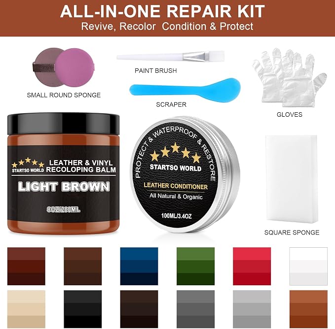 STARTSO WORLD 200Ml Leather Recoloring Balm with 100ML Leather Conditioner, Light Brown Leather Repair Kit for Furniture, Leather Dye, Leather Scratch Repair, Leather Couch Paint