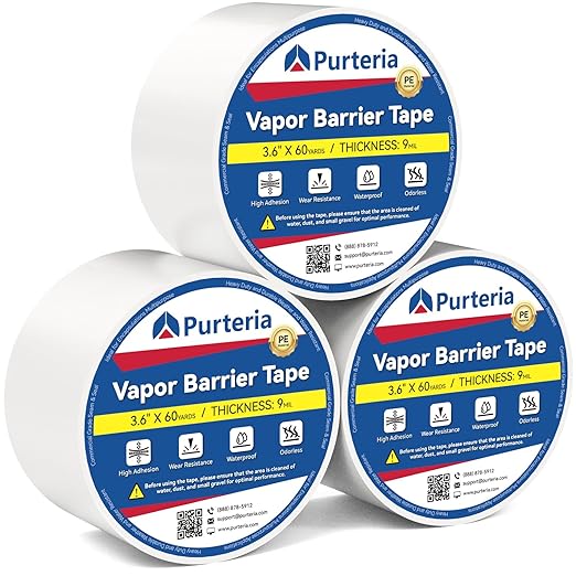 Vapor Barrier Tape with Release Liner, 9 Mil Easy-to-Use Polyethylene Moisture Vapor Barrier Seam Tape for Crawl Space, Repairs, Underlayment, Waterproof, 3.6" x 180', 3 Rolls