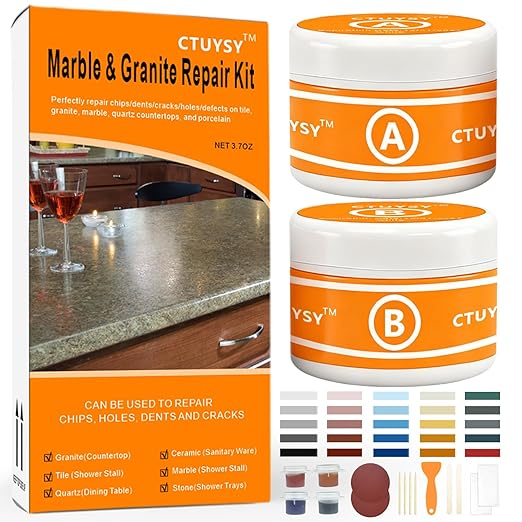 Granite and Quartz Countertop Chip Filler Repair Kit Tile & Fiberglass Porcelain Repair Kit,Marble Tub Repair Kit 3.7 OZ Cracks Ceramic Corian Bathtub Sink Toilet Dents Holes Scratchs