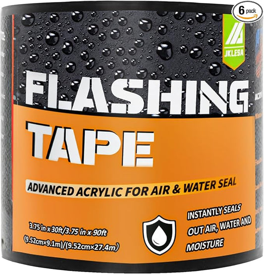 Flashing Tape for Windows and Doors, 3.75 in x 30 ft Roll, Acrylic Adhesive, Self-Adhesive Flashing Tape, Waterproof, UV Resistant,Great for Sealing Doors, Windows, and Construction & Repairs (6 pack)