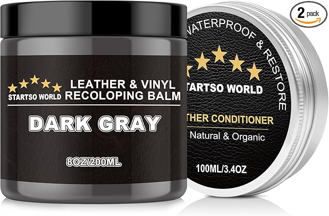 STARTSO WORLD 200Ml Leather Recoloring Balm with 100ML Leather Conditioner,Dark Gray Leather Repair Kit for Furniture, Leather Dye, Leather Scratch Repair, Leather Couch Paint