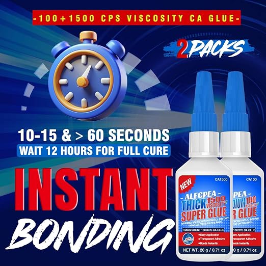40g(1.4oz) 100/1500 CPS (Thin/Thick) CA Glue, Cyanoacrylate Super Glue for Wood, Glass, Metal, Paper, Leather, Plastic, Ceramic, Rubber, Jewelry, Woodworking, Hobby Models, and Craft Project