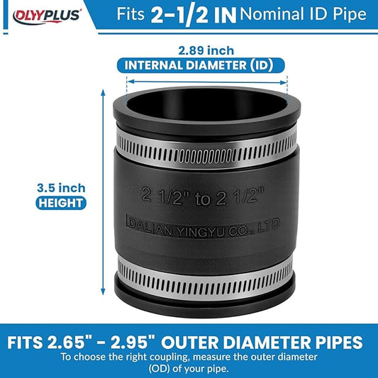 2 Pcs 2-1/2 IN Flexible PVC Pipe Coupling with Stainless Steel Clamps Fit 2-1/2 IN Nominal Pipes, Couplers for Plastic and Copper Pipe Plumbing Connections, Drain Repair, Dust Hose