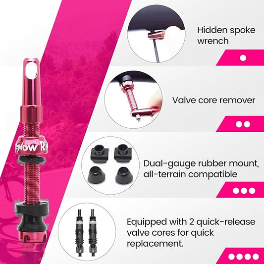 RideNow Tubeless Presta Valve Stems, 45mm Super Light 7075 Aluminum Alloy Presta Tubeless Valve Stem Kit with Valve Core Remover Tool and Valve Stem Caps, Multiple Color & Size Options(Pair), Rose Red