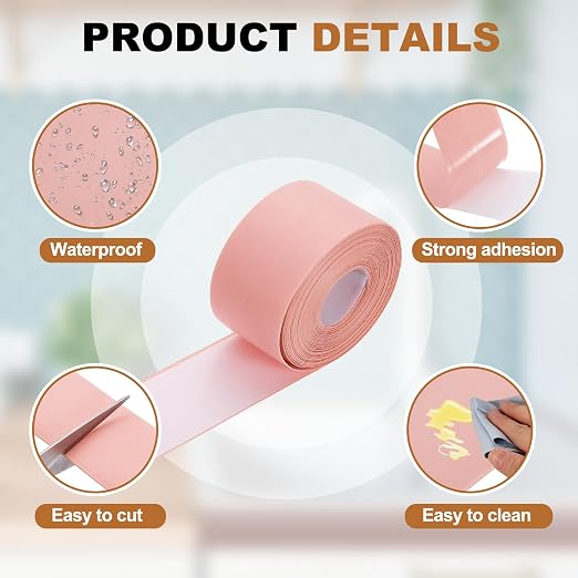 uxcell Caulk Tape Waterproof, 1.5 Inch x 16.4 ft Self-Adhesive Sealant Sealing Strip Caulking Sealant Tape PVC with Tool for Kitchen Sink Toilet Bathroom Bathtub Floor, Pink